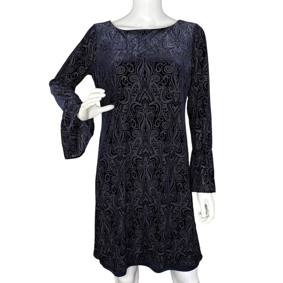 Leslie Fay Dress Burnout Velvet Bell Sleeves Dark Romantic Purple Size 8 - Picture 1 of 6